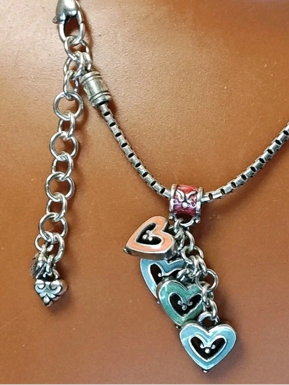 Y2K Brighton Vienna Dangle Heart Enamel Charms Pendant Necklace Silver Plated 16